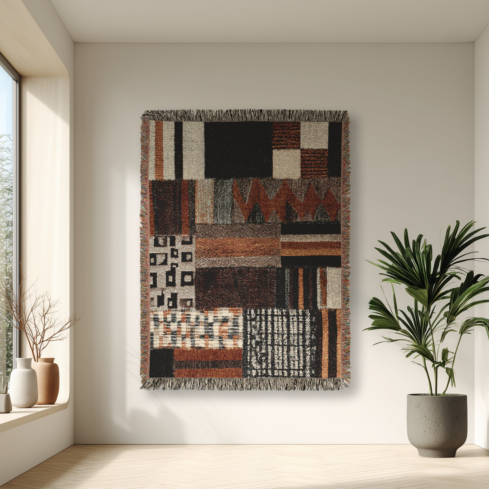 Abstract tapestry on a wall in a modern room with plants and large windows.