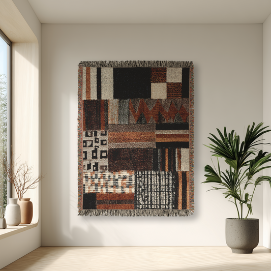 Abstract tapestry on a wall in a modern room with plants and large windows.