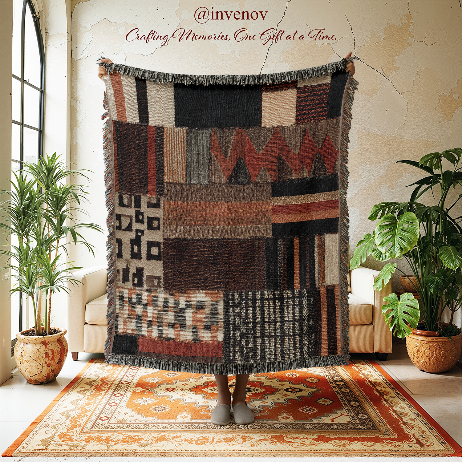 A large woven patchwork throw blanket with fringe is held up in a room setting, featuring geometric and striped patterns in earthy tones of brown, beige, black, and rust red. The blanket is displayed in a cozy interior with a patterned rug, potted plants, and a cream-colored armchair