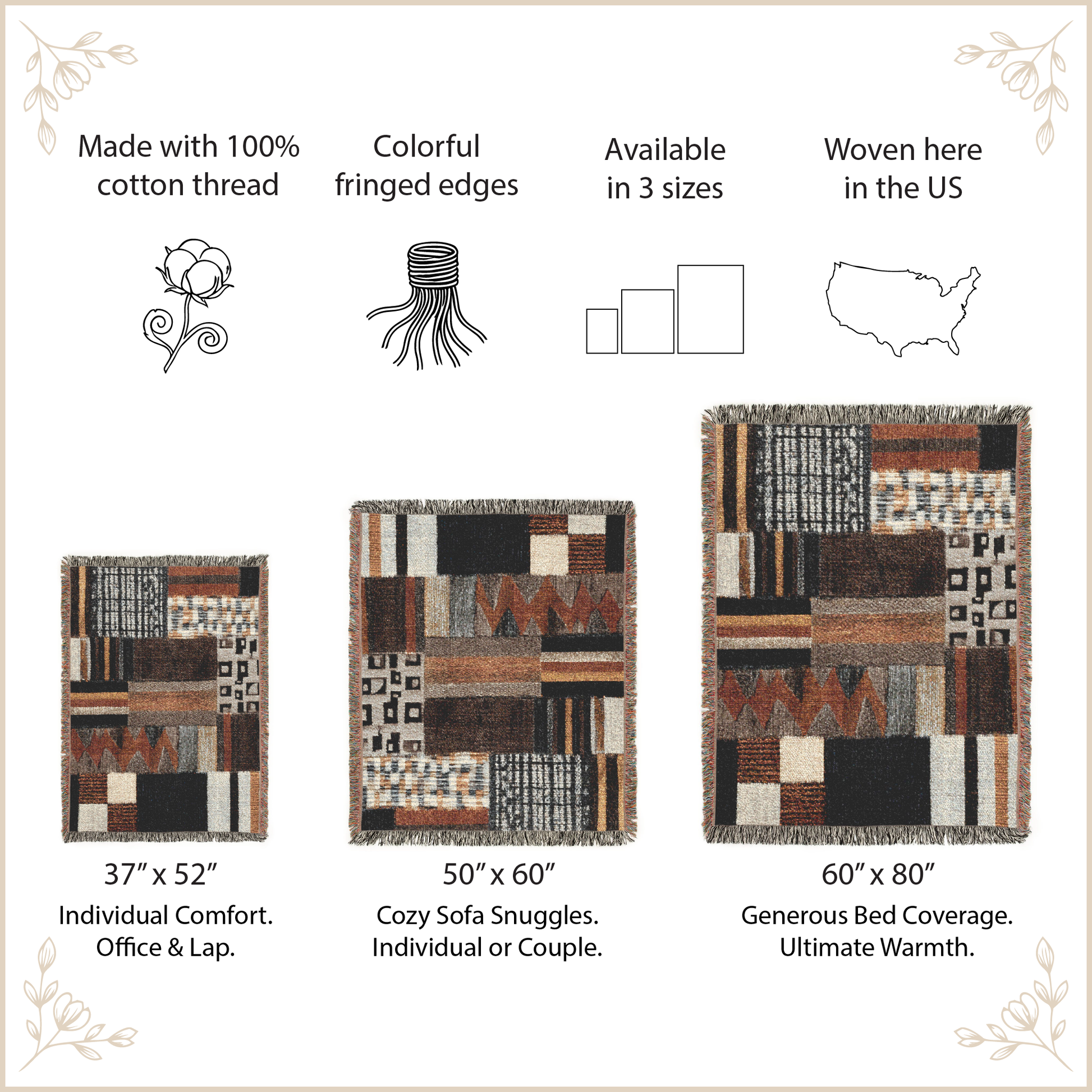 A product information graphic for a patchwork-style woven rug or blanket set, showing three size options with text callouts: 37" x 52" for individual comfort, 50" x 60" for cozy sofa snuggles, and 60" x 80" for generous bed coverage. The image includes icons for cotton thread, fringed edges, available sizes, and US weaving, plus decorative corner flourishes.