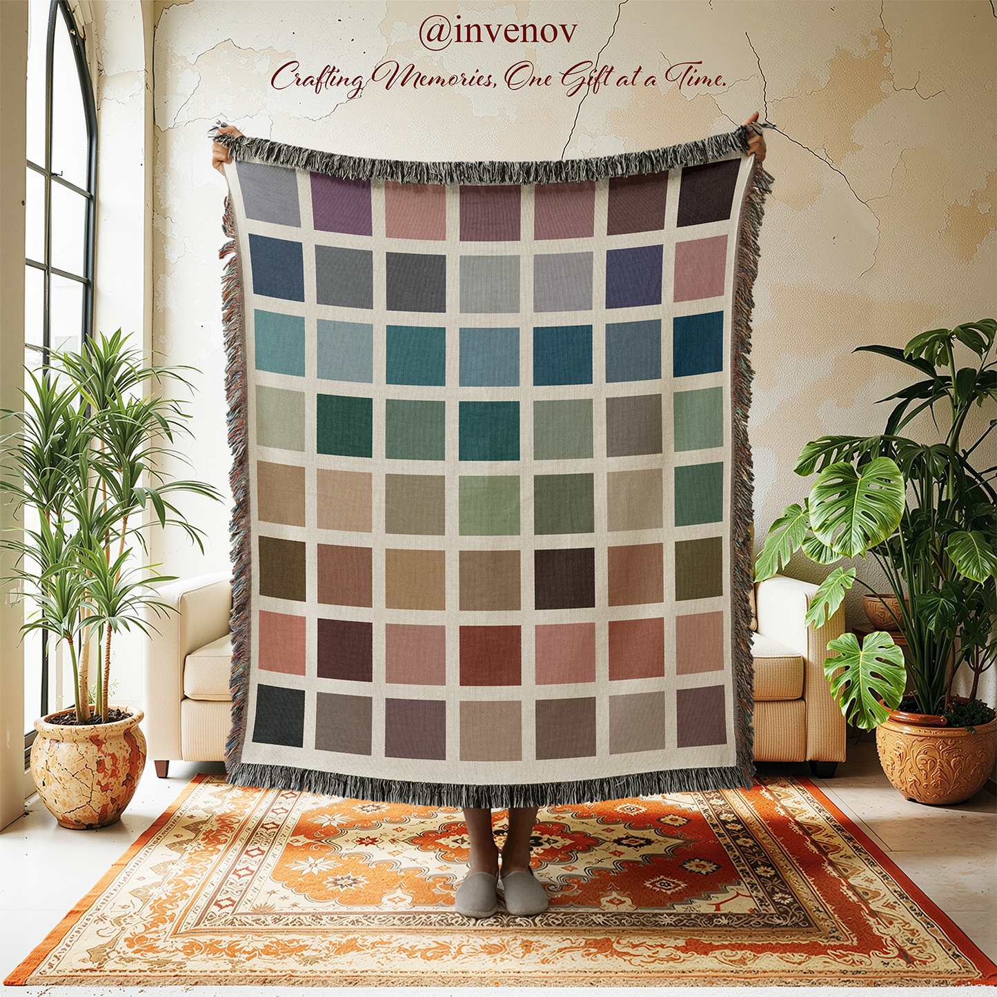 Color swatch blanket displayed in a room with plants and furniture.
