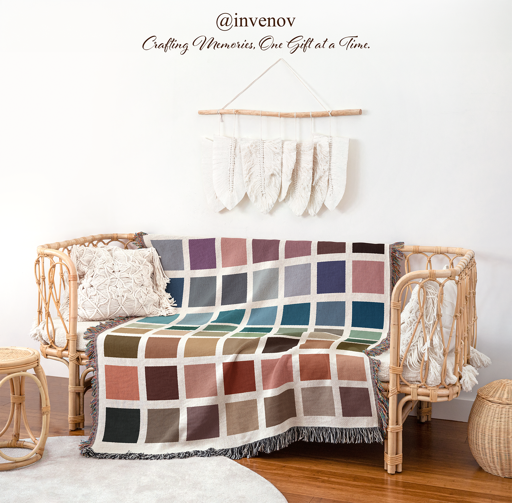 Multicolored checkered blanket draped over a wicker chair