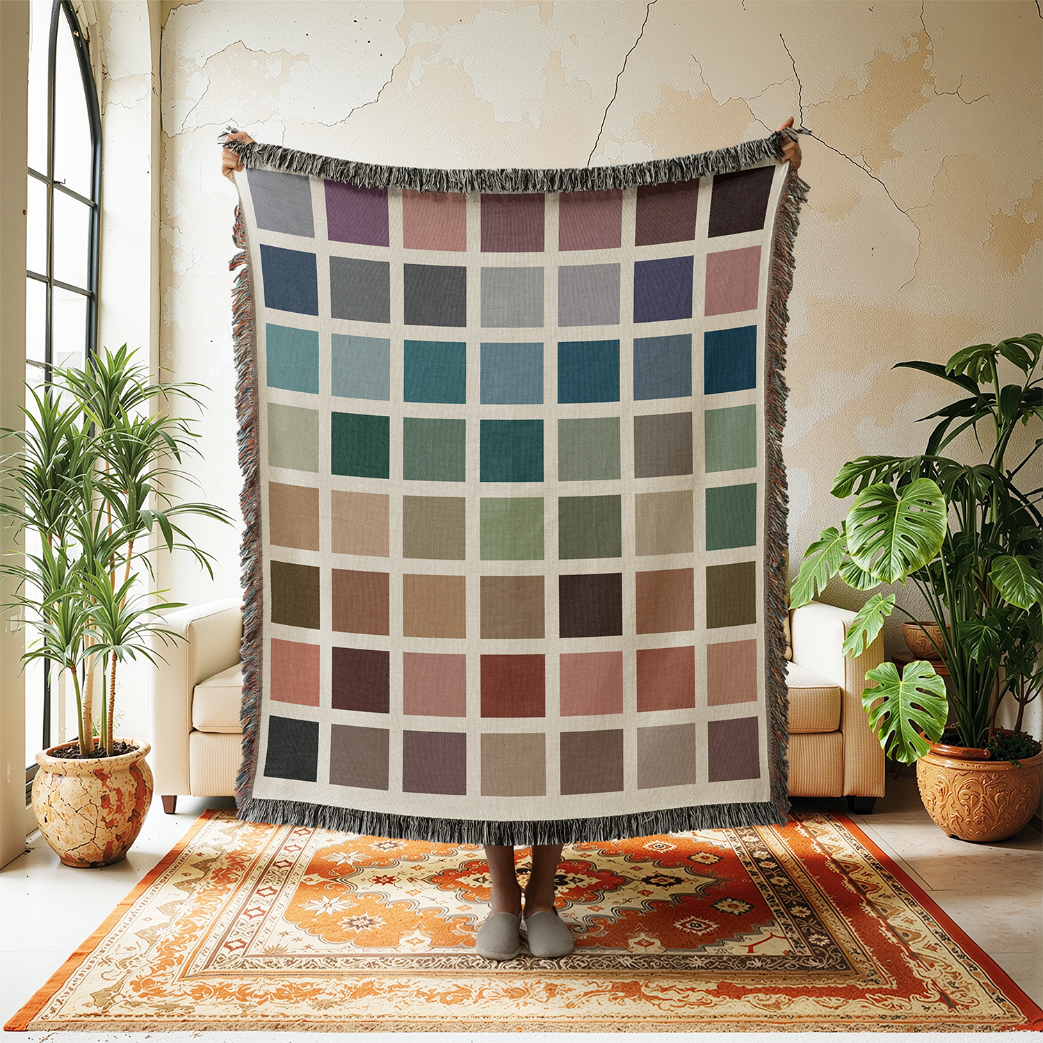 Color swatch blanket in a room with plants and furniture