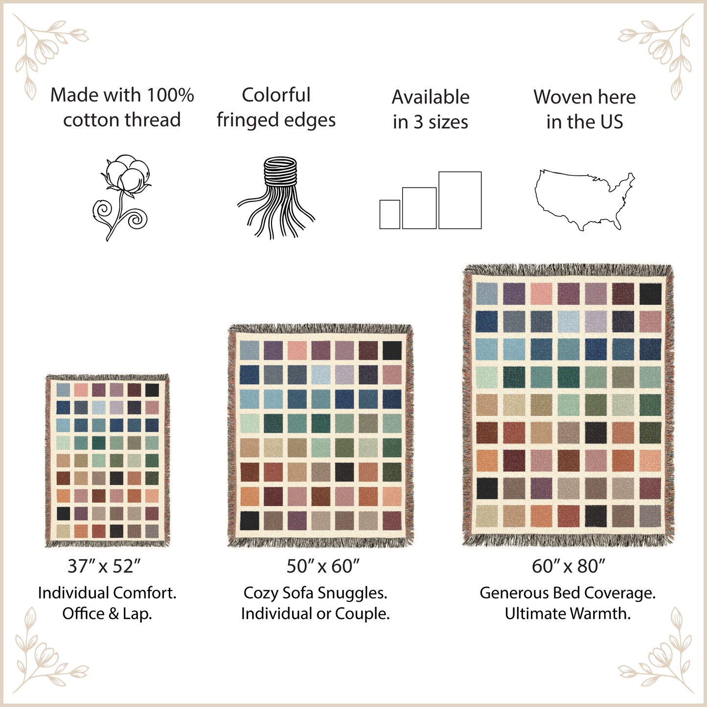 Woven blanket with color swatches and size information on a beige background
