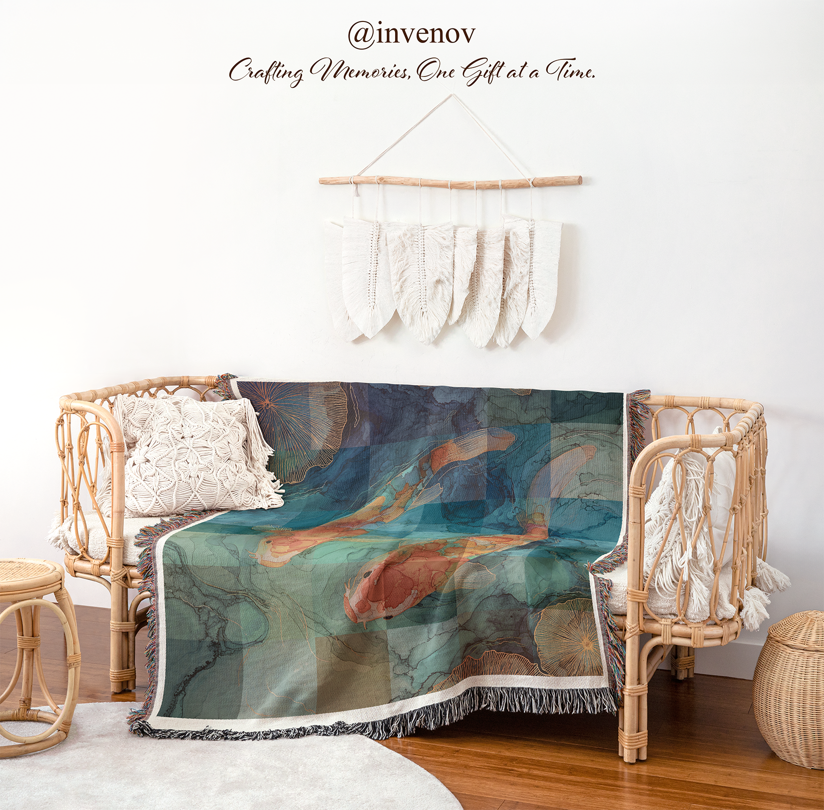 Decorative blanket with fish design on a chair