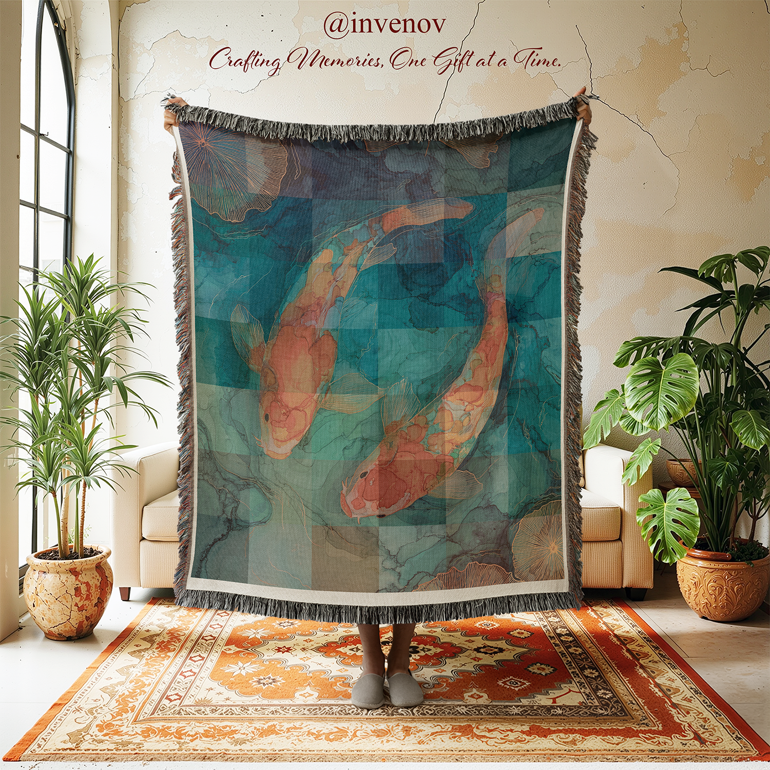 Decorative blanket with koi fish design hanging in a room with plants and furniture.