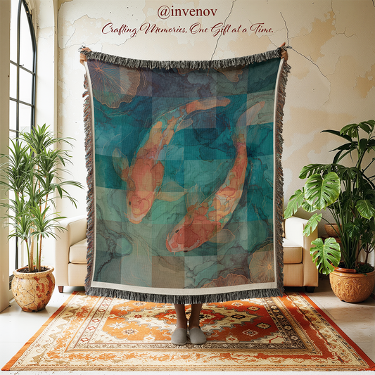 Koi Fish Woven Blanket, Japanese Aesthetic Pond Throw, Teal Orange Carp Tapestry, Mosaic Glitch Art Decor, Lily Pad Water Garden, Zen Gift