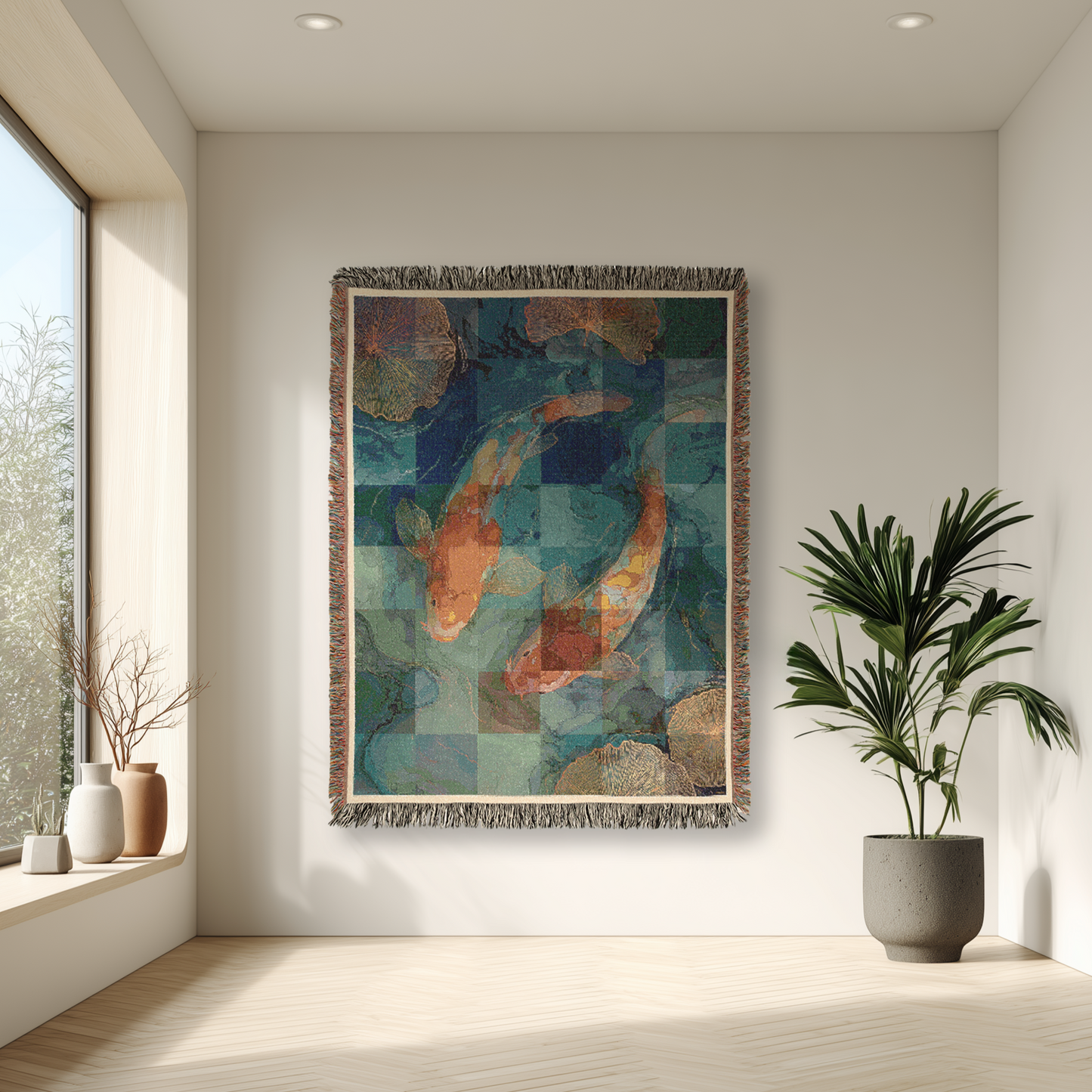 Koi Fish Pond Tapestry Throw Woven Blanket, Japanese Koi Home Decor, Artistic Textures Fringed Blanket, Living Room Sofa Bed Decoration