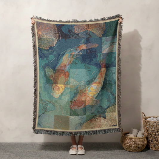 Koi Fish Pond Tapestry Throw Woven Blanket, Japanese Koi Home Decor, Artistic Textures Fringed Blanket, Living Room Sofa Bed Decoration
