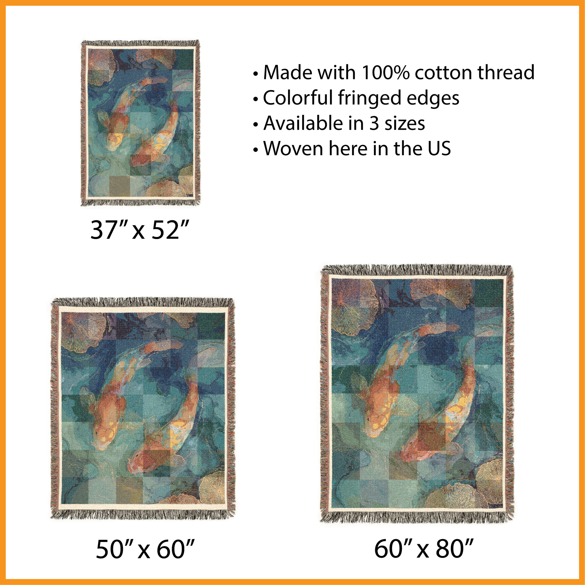Woven blanket with koi fish design and product dimensions on a white background