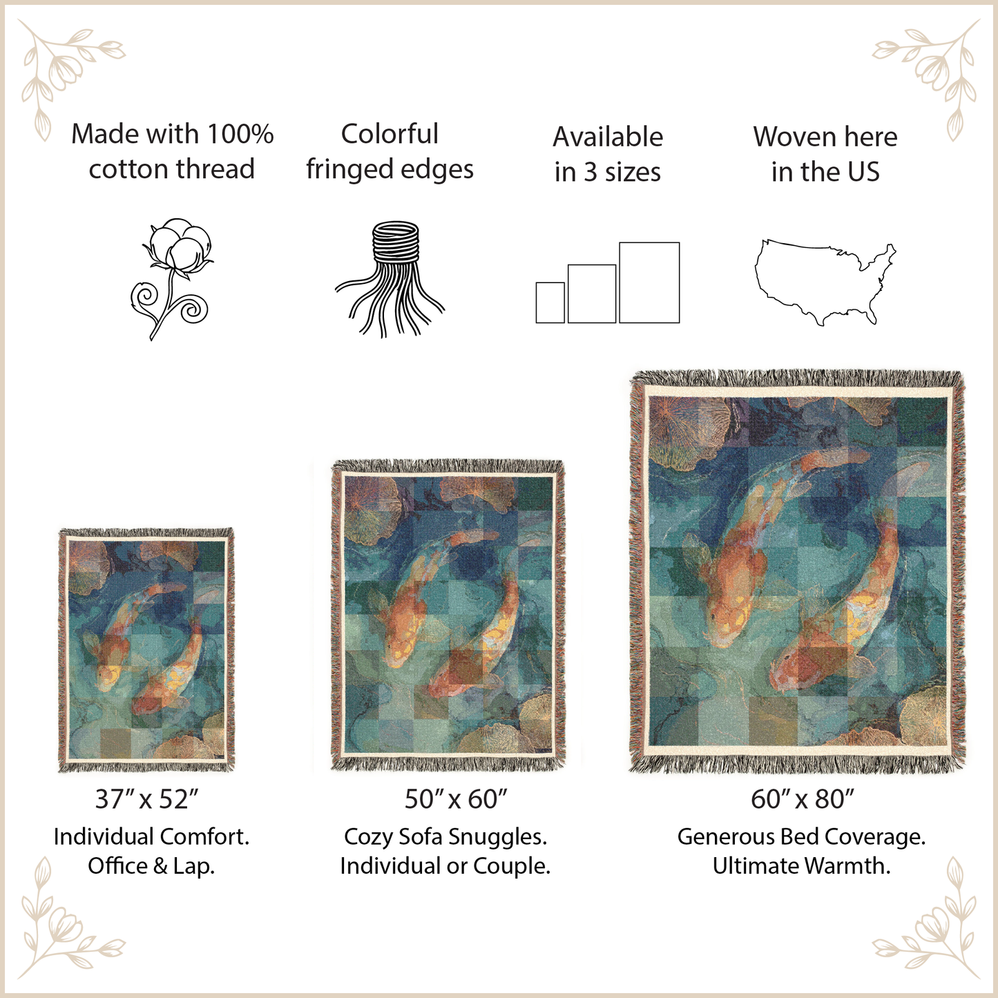 Product description of woven blanket with koi fish design, including size options and features.