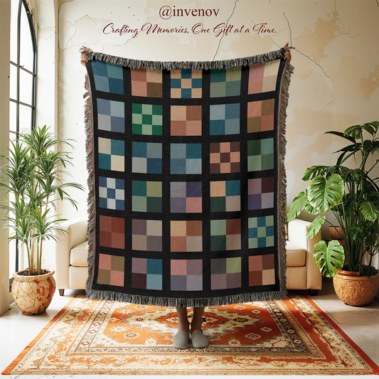 Geometric Woven Blanket, Retro Square Grid Throw, Mid Century Modern Patchwork Style, Colorful Mosaic Tapestry, Funky Eclectic Home Decor