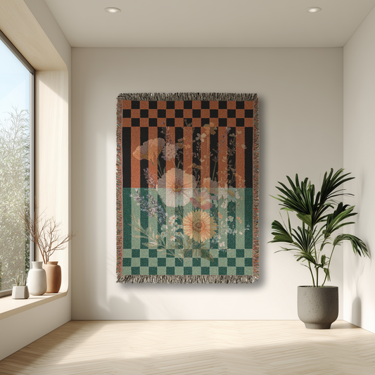 Boho Floral Geometric Woven Blanket, Checkered Floral Home Decor, Colorful Flowers Modern Throw, Cozy Fringed Artistic, Sofa Bed Decoration