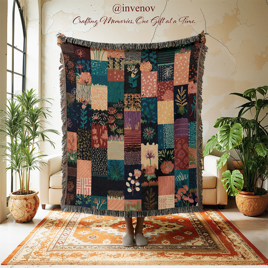 Decorative quilt with a patchwork design in a room with plants and furniture.
