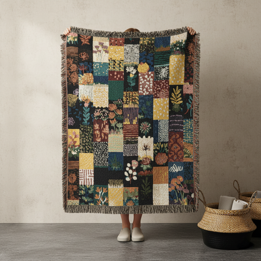 Cozy Patchwork Floral Pattern Style Woven Blanket, Unique Botanical Cottagecore Throw, Artisan Style Fringed Tapestry, Bed Sofa Decor