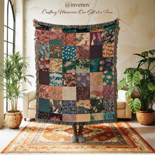Multicolored patchwork blanket in a room with plants and a rug.