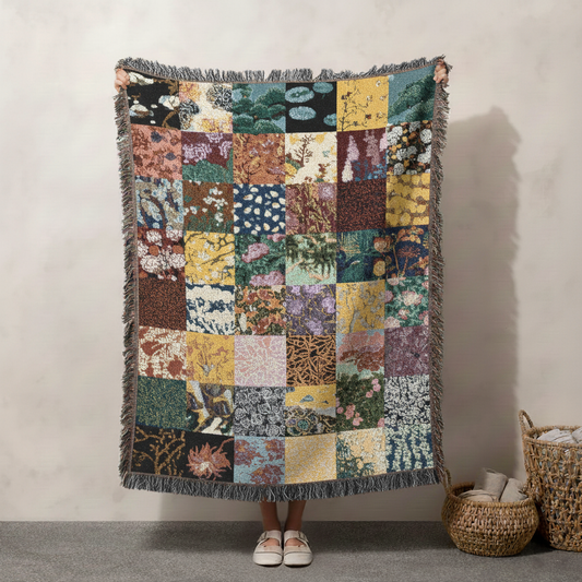 Boho Floral Patchwork Woven Throw Blanket, Soft Cozy Retro Pastel Tapestry for Artistic Home Decor, Bohemian Living Room & Cottagecore Style