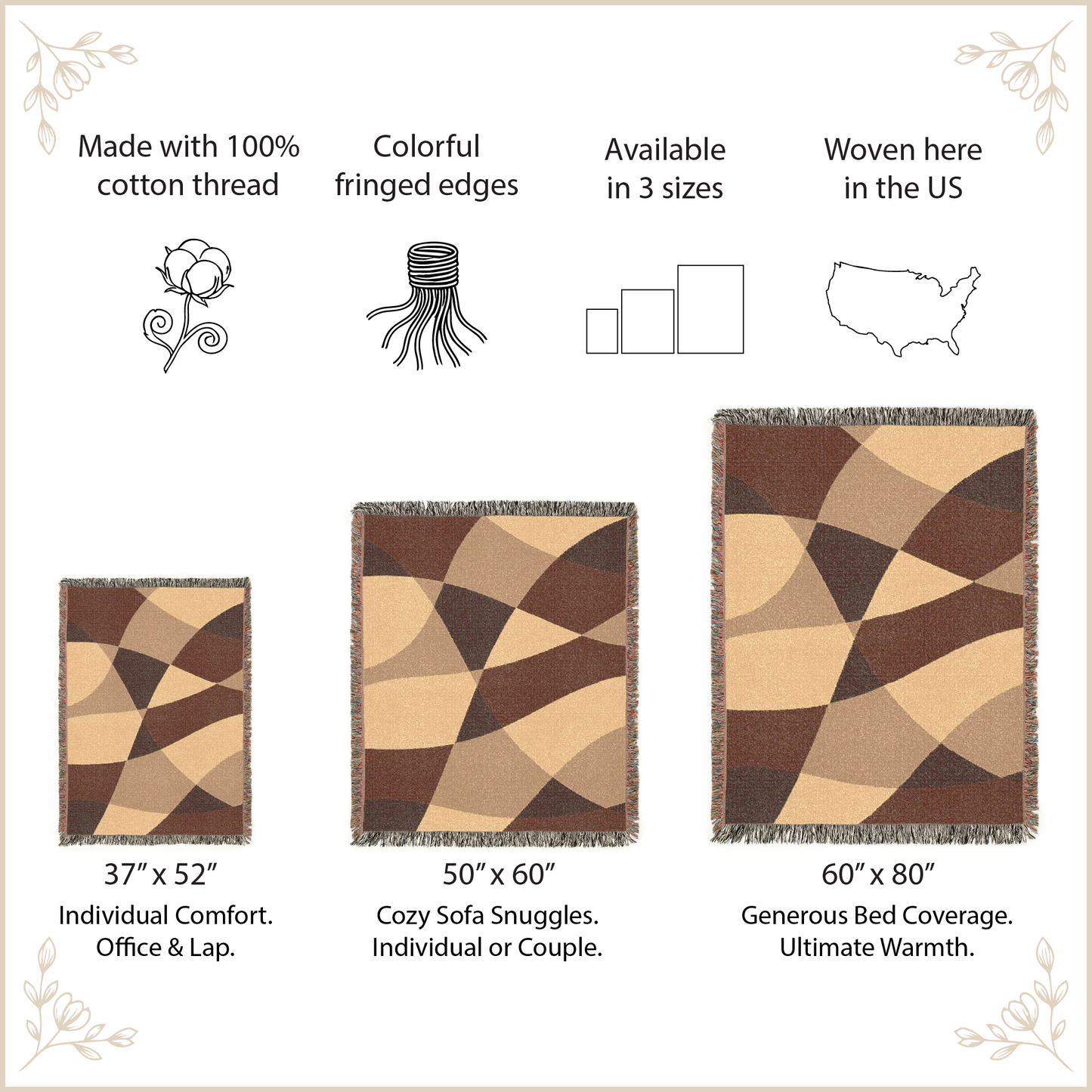 Three woven blankets with geometric patterns and size specifications on a beige background.