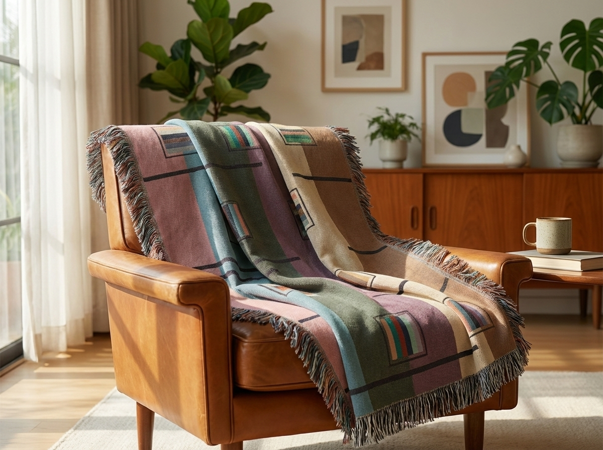 Abstract Geometric Woven Blanket, Mid Century Modern Stripe Throw, Retro 70s Color Block Tapestry, Muted Purple Teal Decor, Art Home Gift