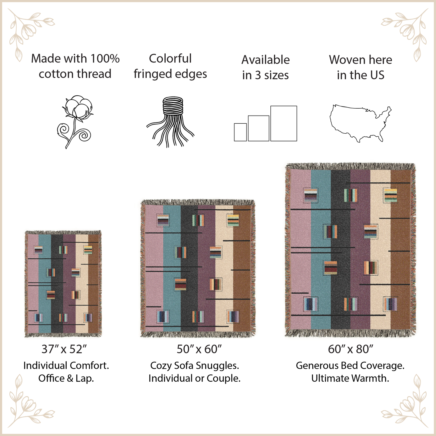 Decorative blanket with geometric pattern with size options and features