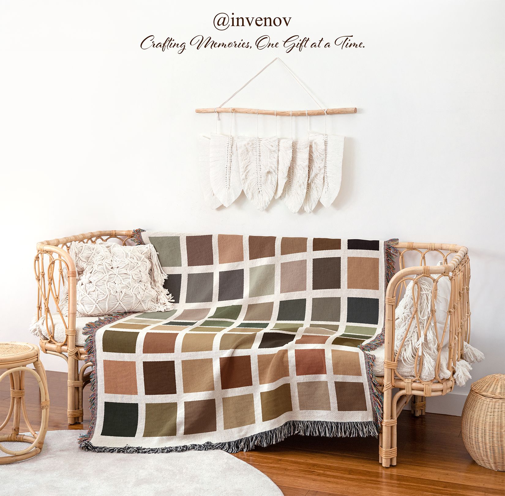 Plaid blanket draped over a wicker chair 
