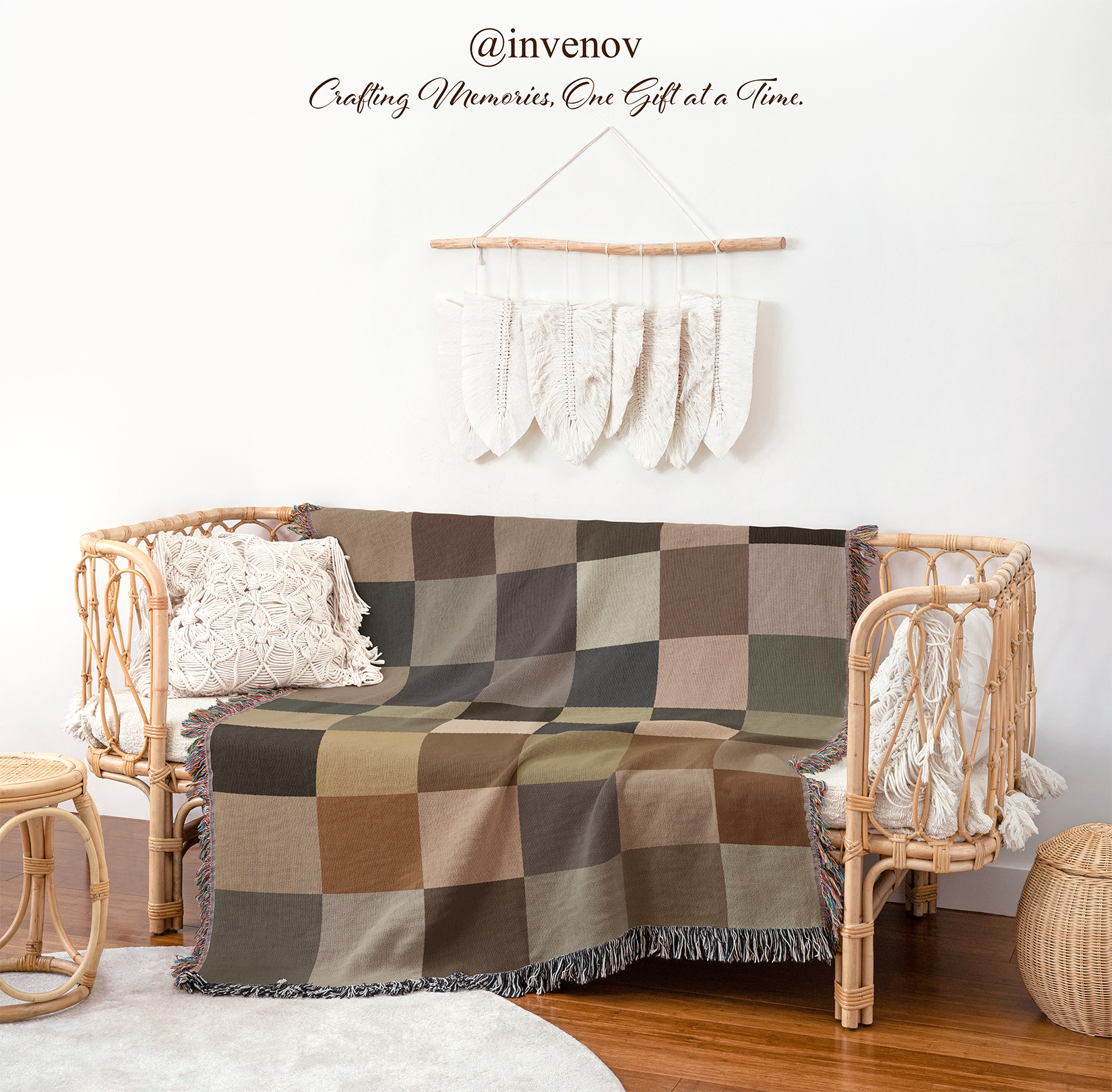 Checkered blanket draped over a wicker chair
