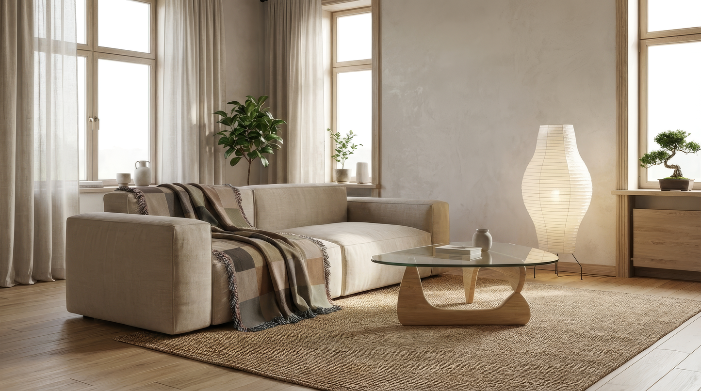 Muted colored checkerboard style Woven blanket daped on a sofa in a living room