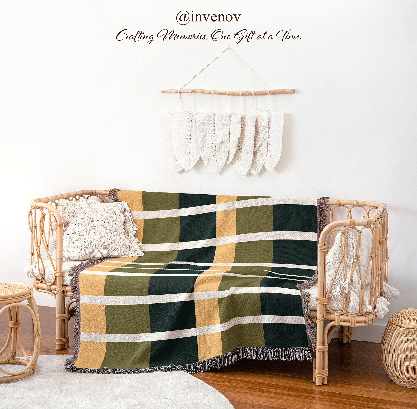 Plaid blanket draped over a wicker chair