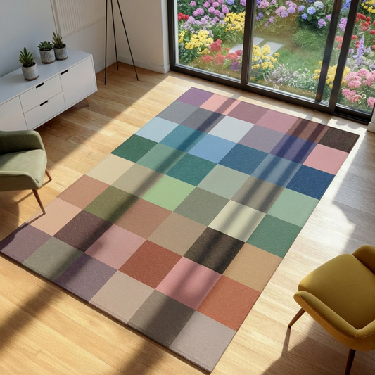 Colorful checkered rug on a wooden floor with a garden view