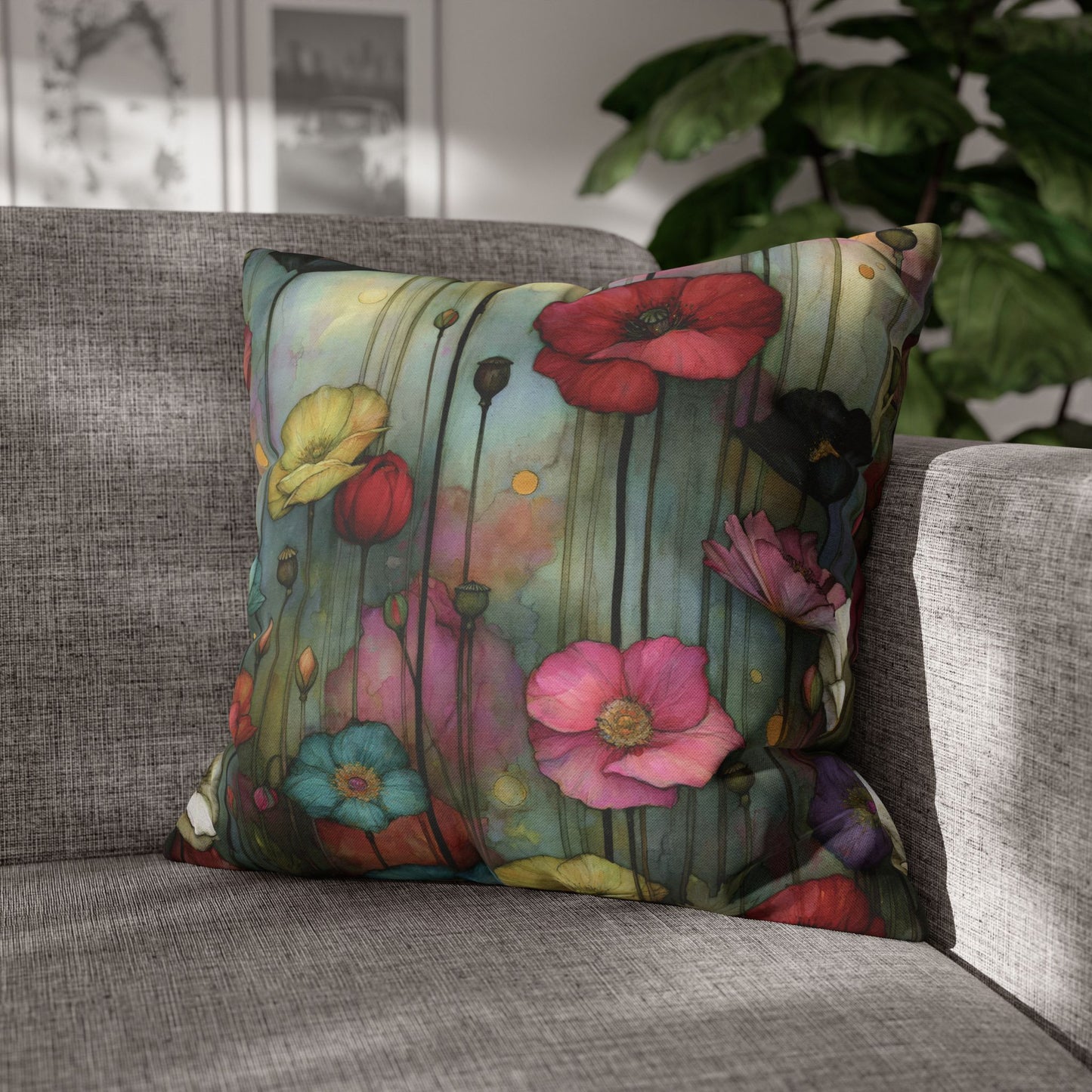 Floral-patterned pillow on a gray sofa with a plant in the background