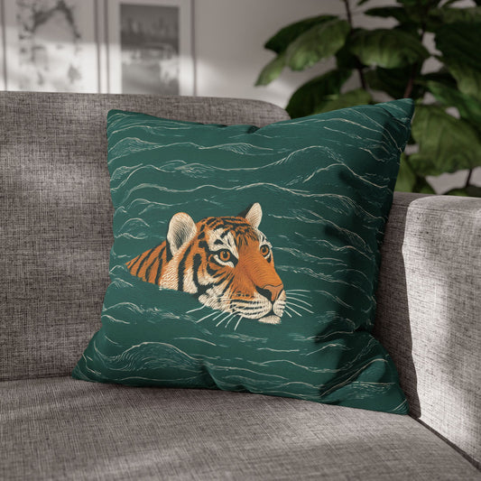 Green pillow with a tiger design on a gray couch