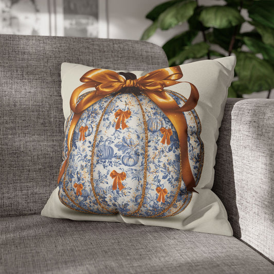 A square throw pillow featuring a decorative pumpkin design with a blue and white toile pattern, orange bows, and a large gold ribbon, resting on a gray fabric sofa.