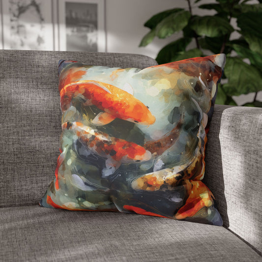 Decorative pillow with koi fish design on a gray sofa