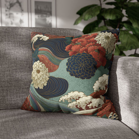 Decorative pillow with floral and wave pattern on a gray sofa