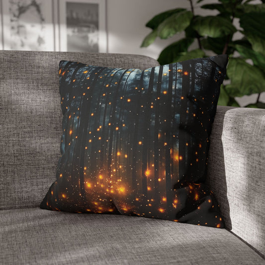 Decorative pillow with forest design on a gray sofa