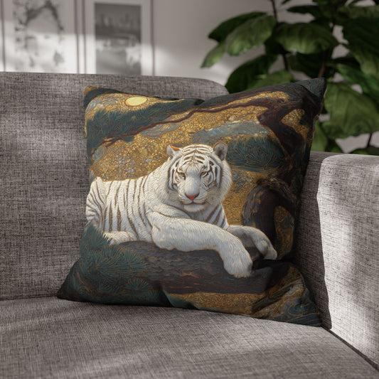 Decorative pillow with a white tiger design on a gray sofa.