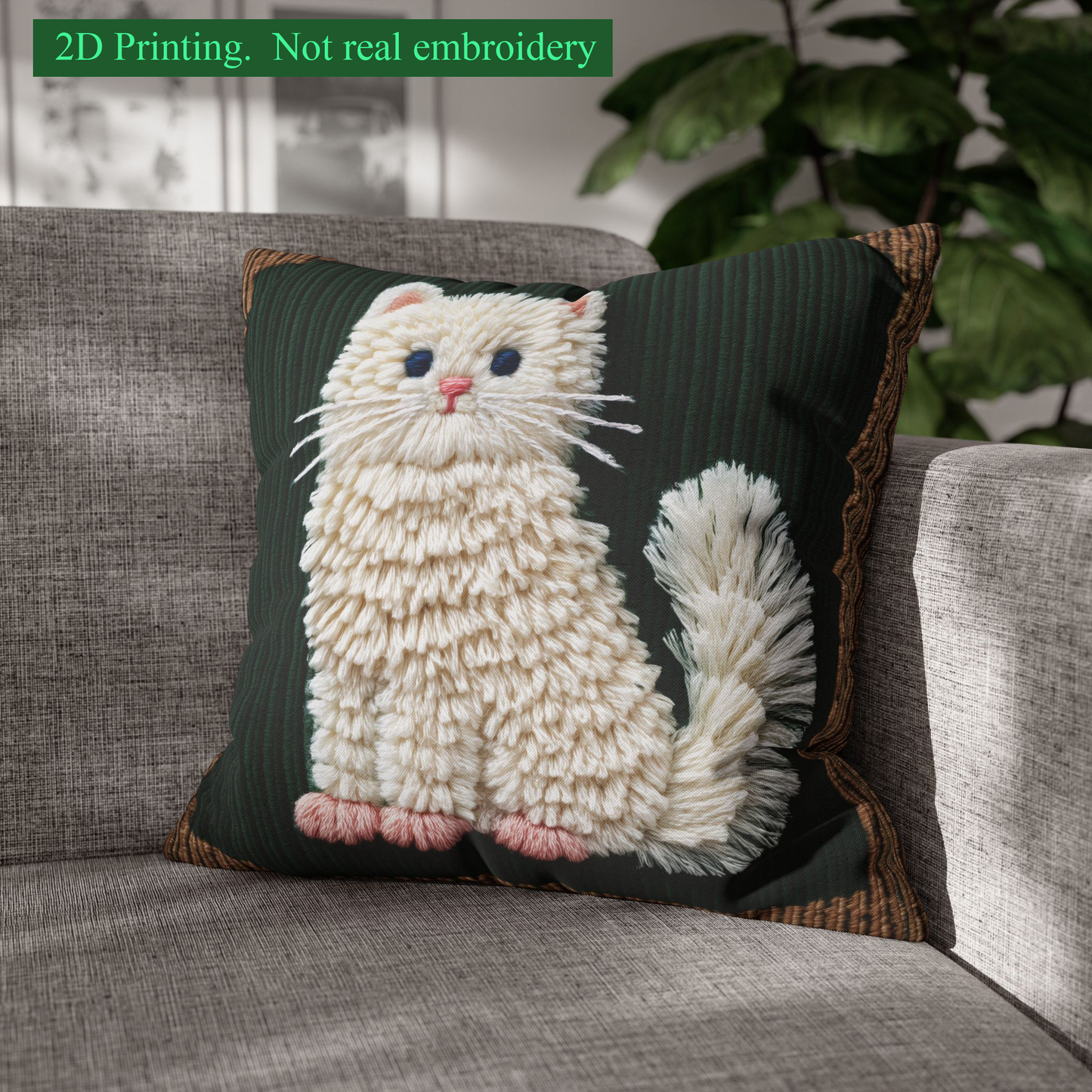 Fluffy White Cat Pillow Case, Dark Green Boho Living Room Cushion Cover