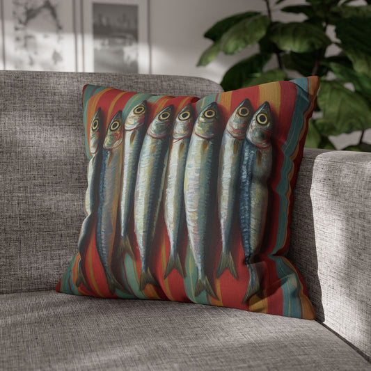 Decorative pillow with fish design on a gray sofa