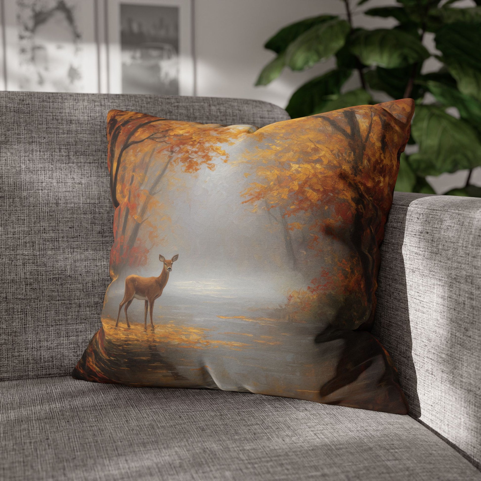A square throw pillow with a printed autumn forest scene featuring a deer, styled on a gray fabric sofa with a houseplant in the background.