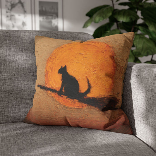 A square throw pillow with a textured painting of a black cat silhouette against a large orange sun, resting on a gray fabric sofa with a green plant in the background.