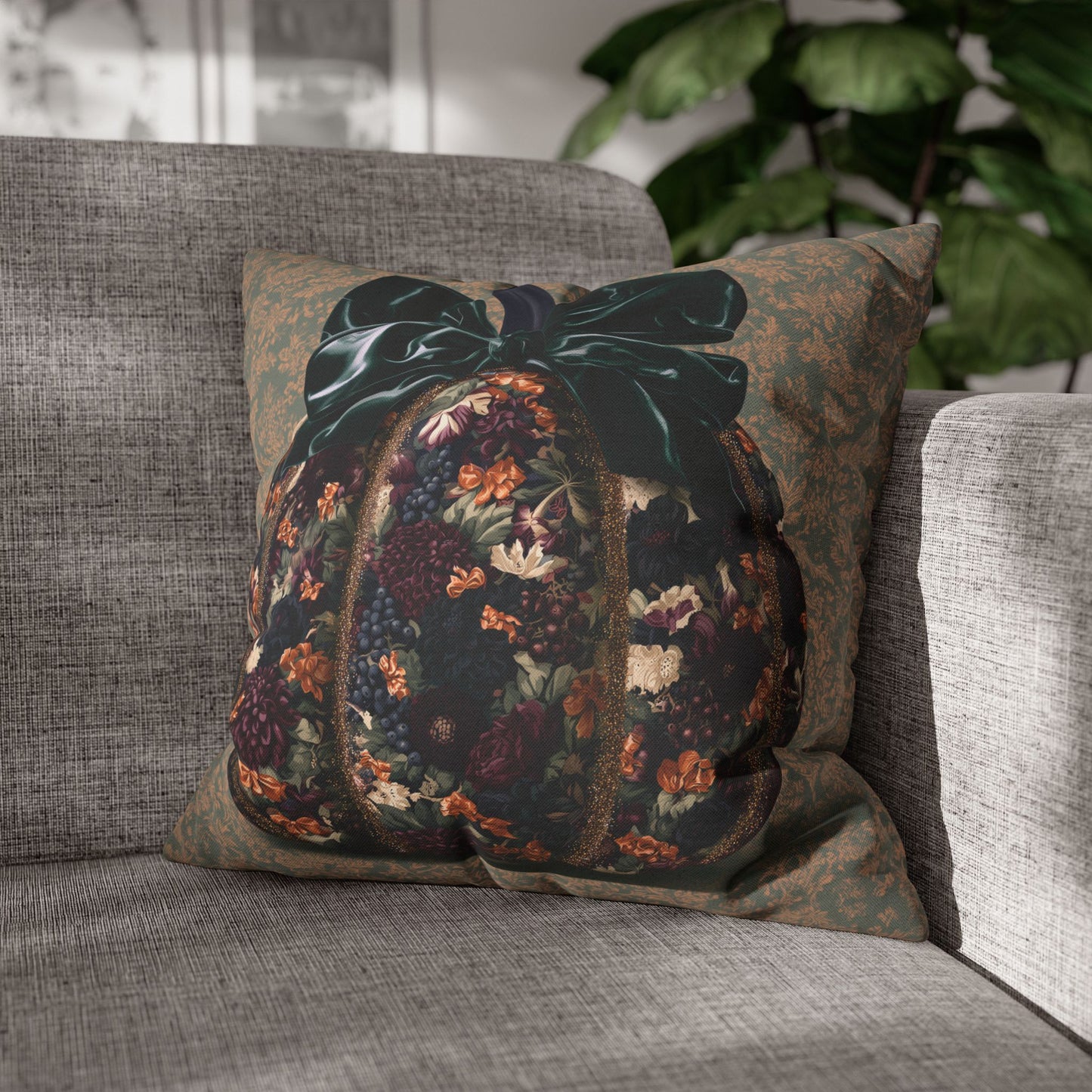 A square decorative throw pillow featuring a dark floral pumpkin design with a large black bow, resting on a gray fabric sofa with a blurred indoor plant in the background.