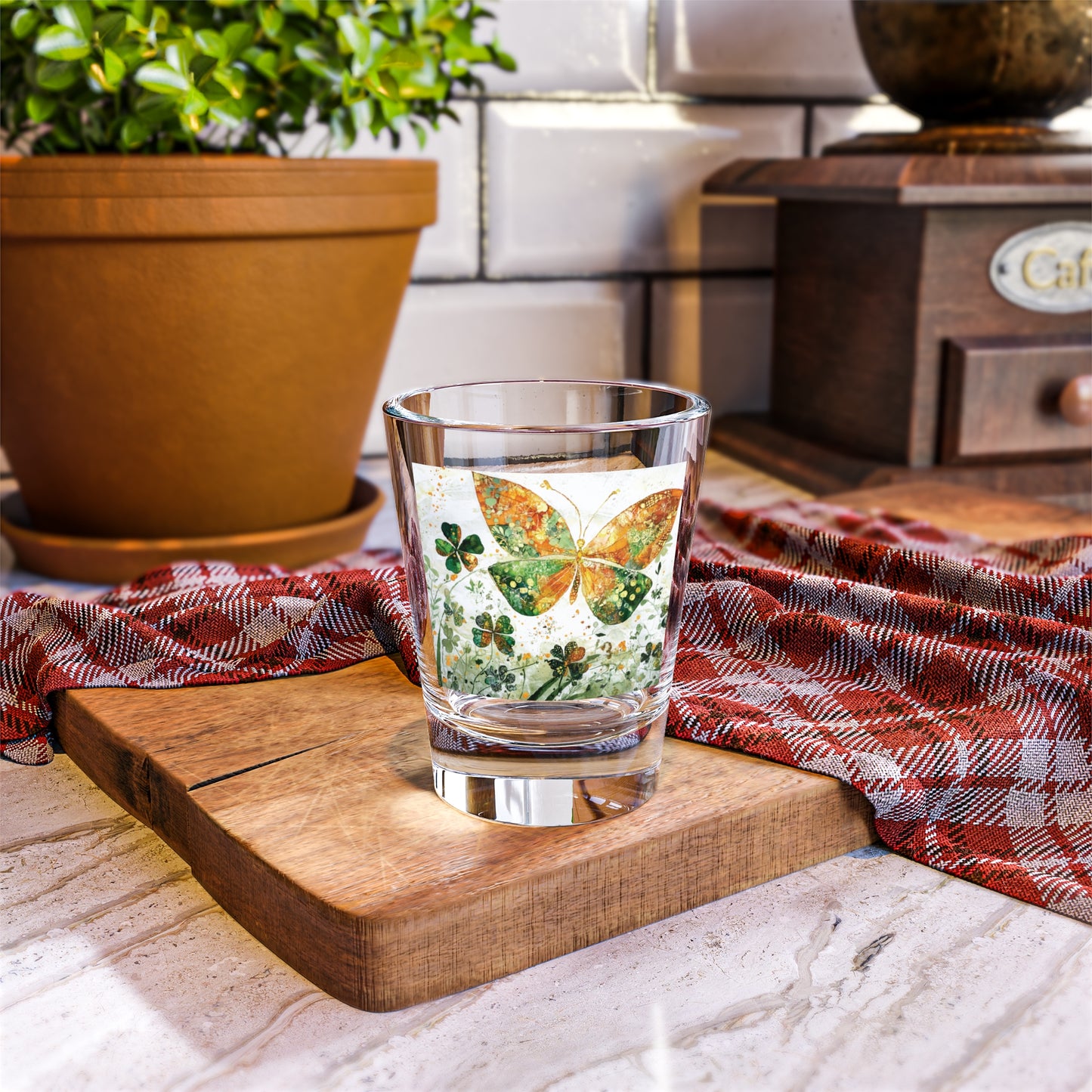 St Patrick's Day Shot Glasses - Shamrocks, Clovers, Flowers, Butterfly - Festive Irish Lucky Springtime Decor, Set of 4 Shot Glasses