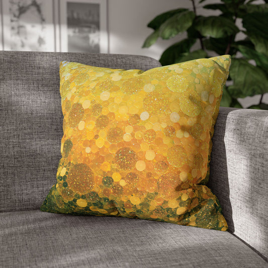 A square throw pillow with a yellow and gold abstract bubble pattern sits on a gray fabric sofa, with a green houseplant and a blurred interior background.