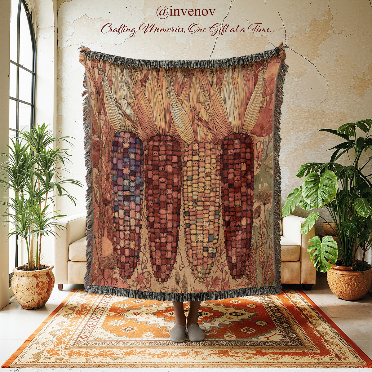 A person holds up a large woven tapestry featuring four stylized corn cob designs in earthy brown, beige, and muted purple tones, with fringe around the edges. The tapestry is displayed in a styled room with plants, a rug, and cream-colored chairs, with the text '@invenov Crafting Memories, One Gift at a Time.