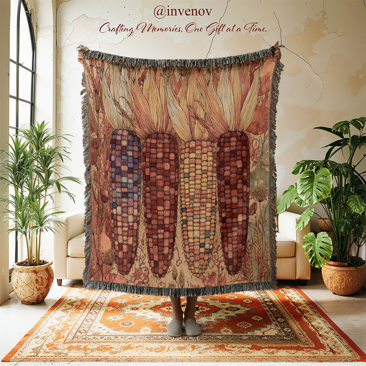 A person holds up a large woven tapestry featuring four stylized corn cob designs in earthy brown, beige, and muted purple tones, with fringe around the edges. The tapestry is displayed in a styled room with plants, a rug, and cream-colored chairs, with the text '@invenov Crafting Memories, One Gift at a Time.