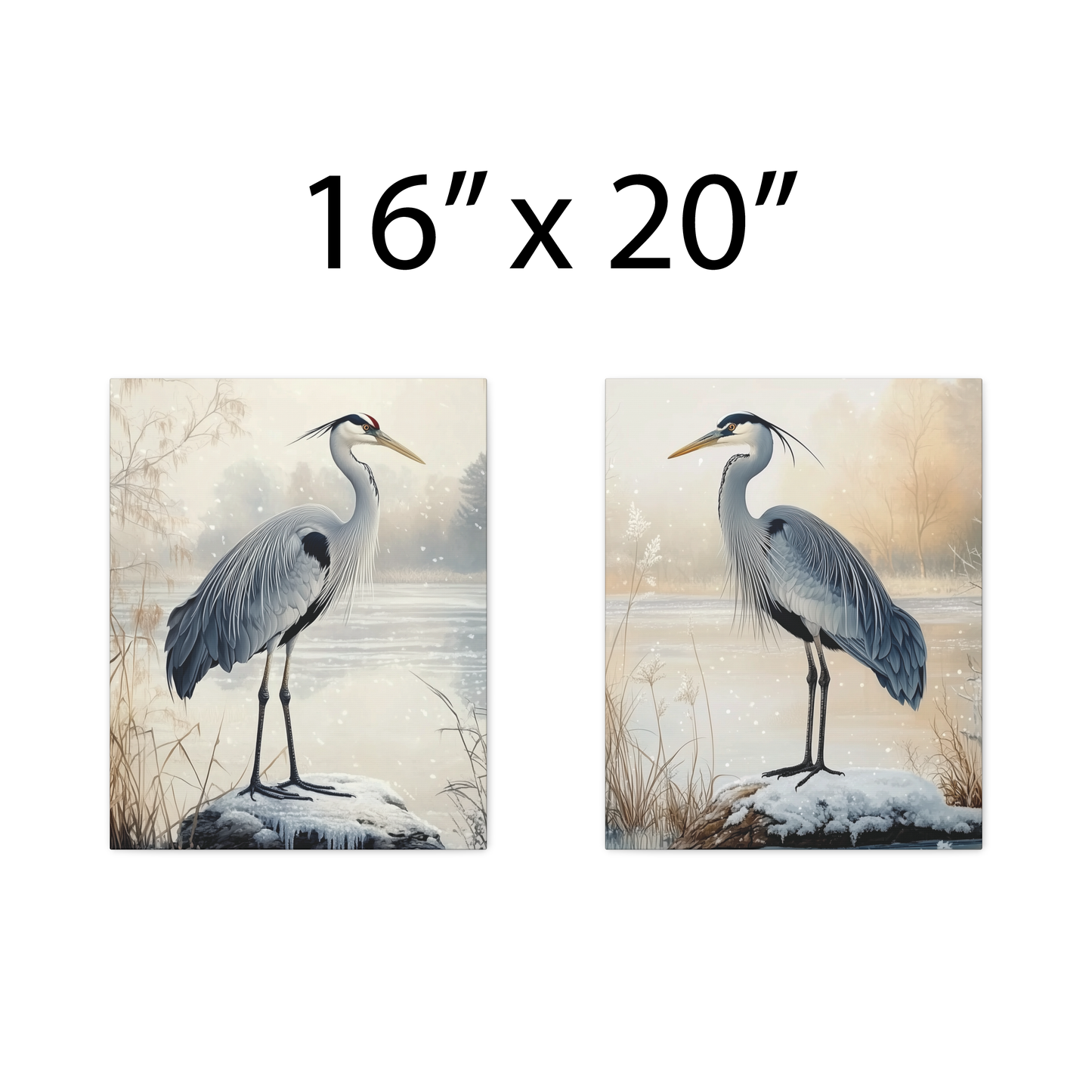 Winter Cranes Herons Set of 2 Canvas Wall Art, Coastal Bird Snowy Landscape Decor, Blue Herons, Nature Lover Gift, Seasonal Beauty Prints