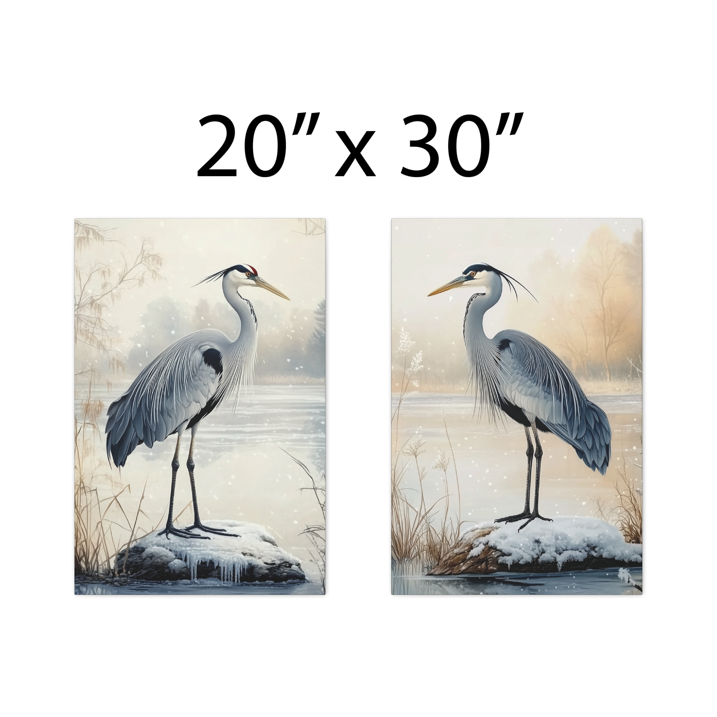 Winter Cranes Herons Set of 2 Canvas Wall Art, Coastal Bird Snowy Landscape Decor, Blue Herons, Nature Lover Gift, Seasonal Beauty Prints