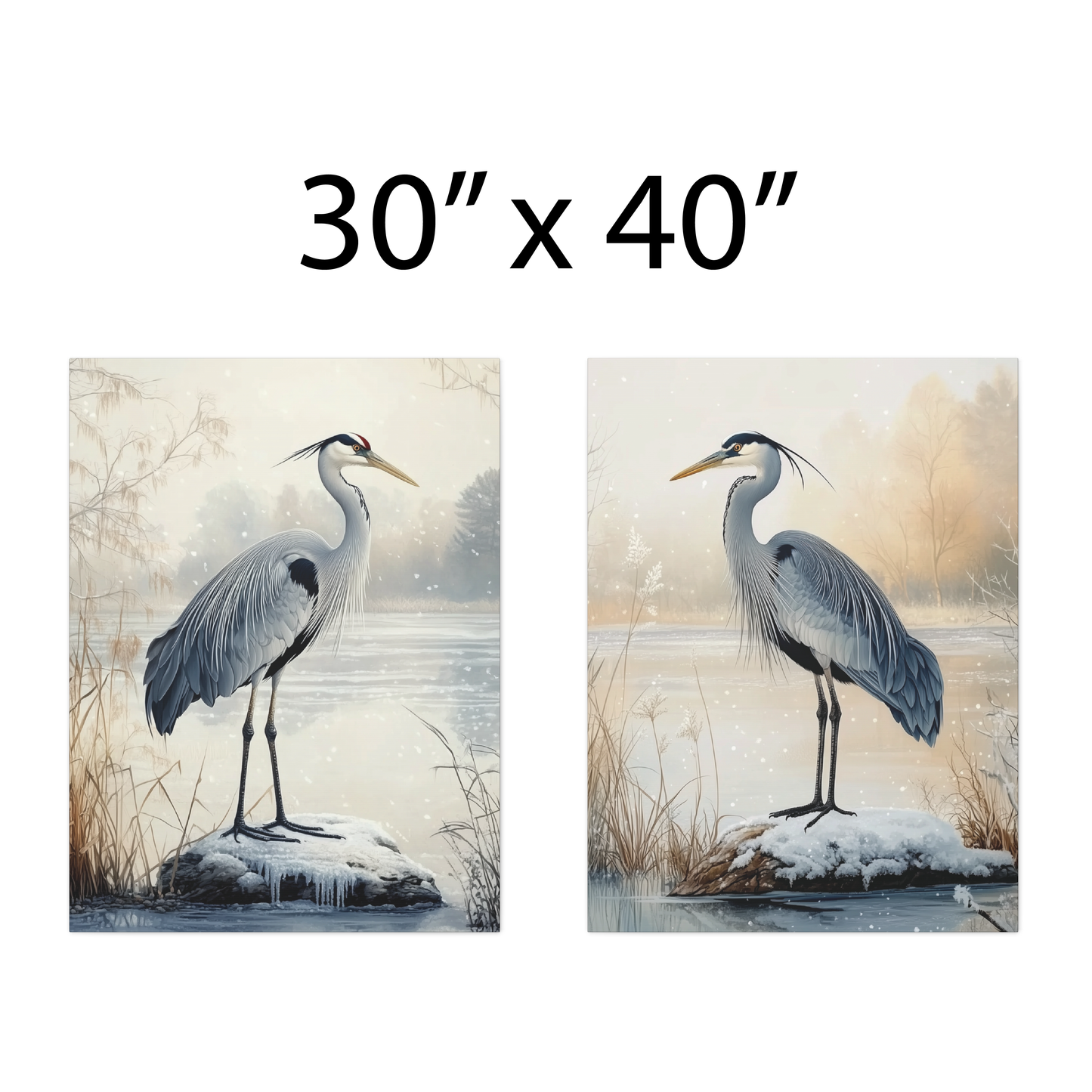 Winter Cranes Herons Set of 2 Canvas Wall Art, Coastal Bird Snowy Landscape Decor, Blue Herons, Nature Lover Gift, Seasonal Beauty Prints