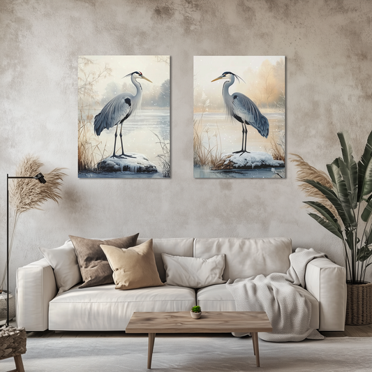 Winter Cranes Herons Set of 2 Canvas Wall Art, Coastal Bird Snowy Landscape Decor, Blue Herons, Nature Lover Gift, Seasonal Beauty Prints