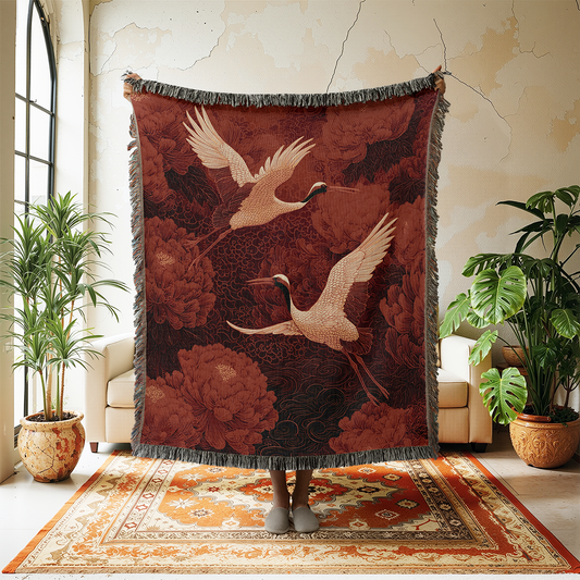 Chinese Crane Woven Blanket, Oriental Asian Style Tapestry, Red Crowned Crane Jacquard Throw, Chinese New Year Peony Floral Wall Hanging